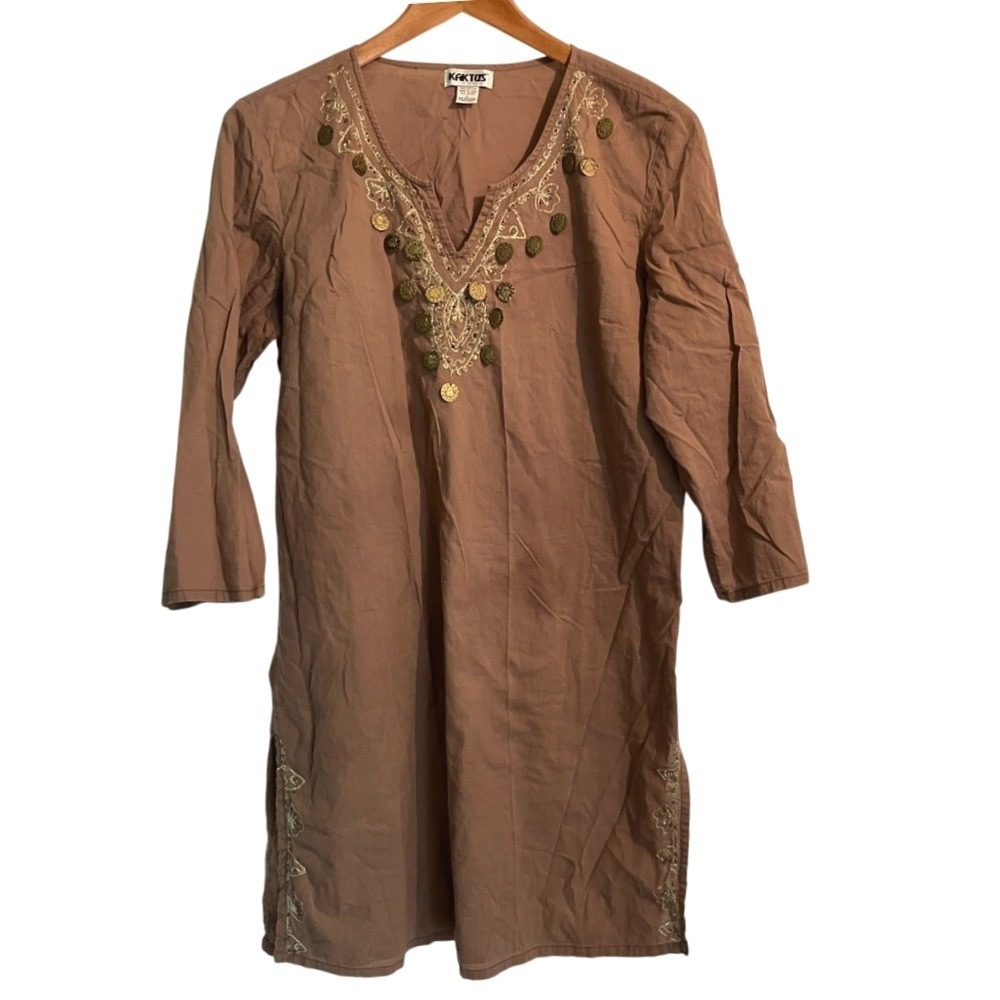 100% Cotton Brown Women's Beach Cover up Tunic with gold‎ accents 100% Cotton L